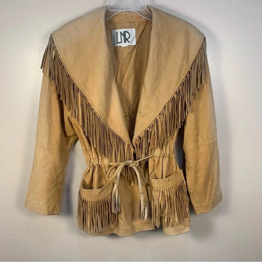 VTG LNR Soft Leather Western Tassel Fringe Waist Drawstring Jacket - Picture 1 of 16